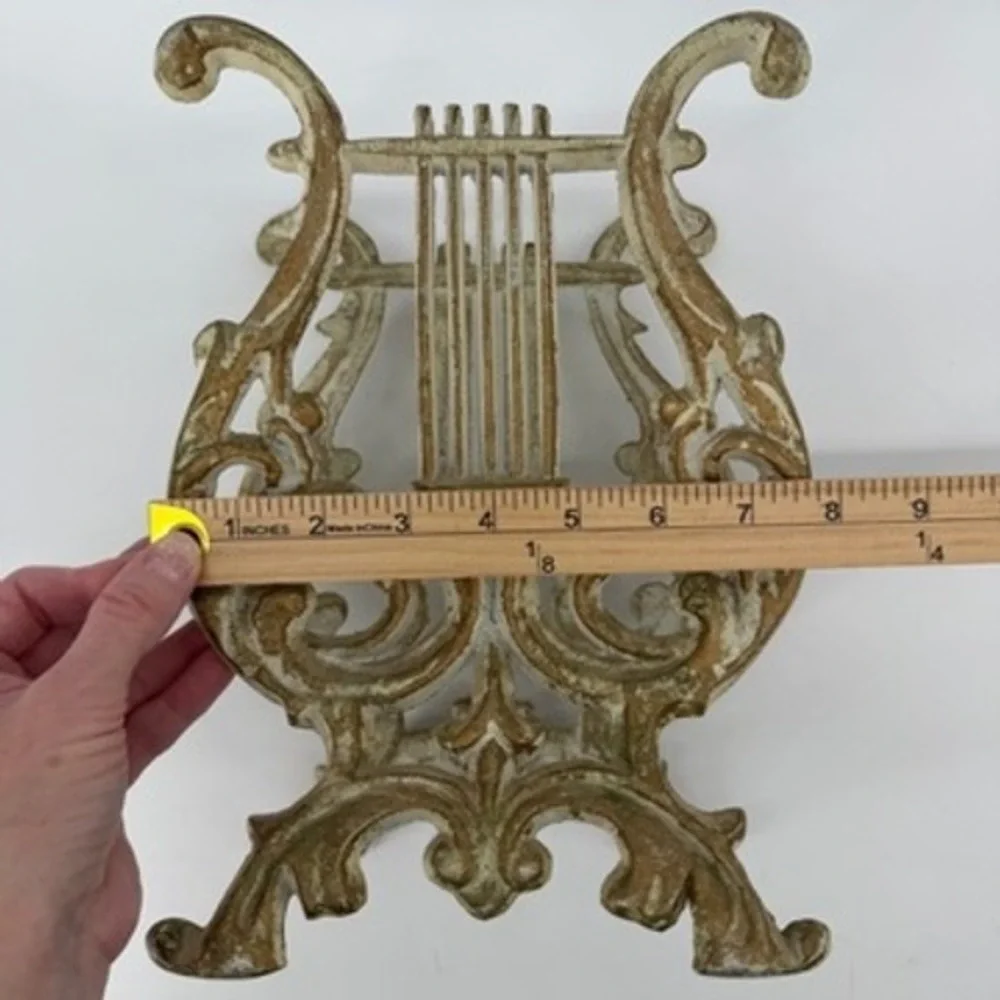 Vintage Cast Iron Lyre Harp Book Stand Sheet Music Holder Distressed White Gold